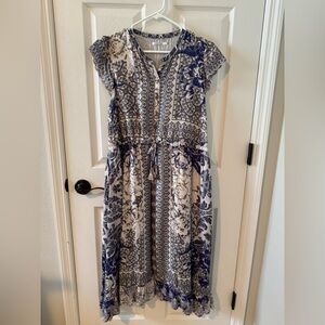 Johnny Was Blue and White Floral Midi Dress